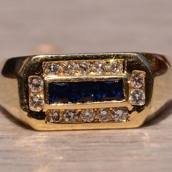 French Cut Sapphire and Diamond Gentlemans Ring